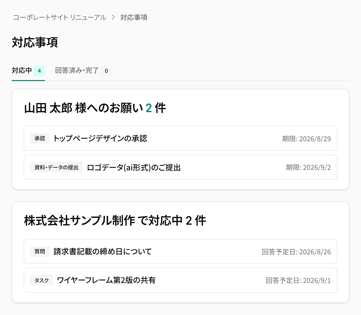 共有ページの対応事項。「山田 太郎 様へのお願い」と「株式会社サンプル制作 で対応中」が同じ画面に並び、どちらの対応待ちかが分かる。